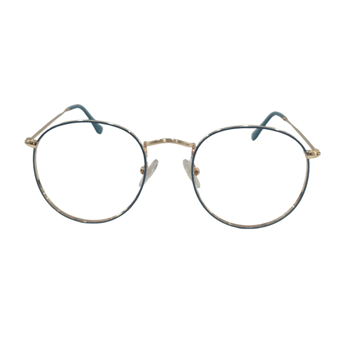 Armação de Grau Redonda Retrô em Metal Dourado e Azul