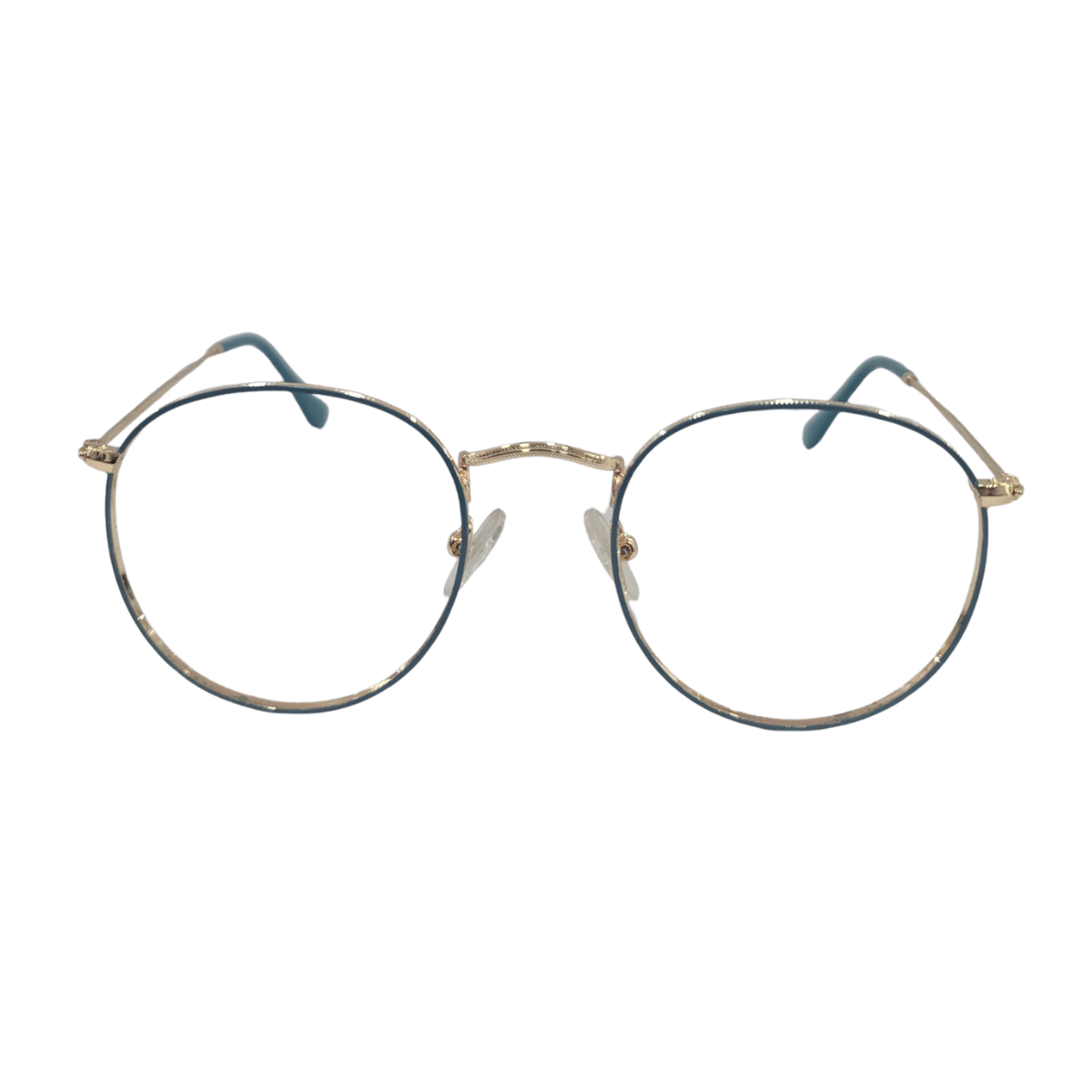 Armação de Grau Redonda Retrô em Metal Dourado e Azul