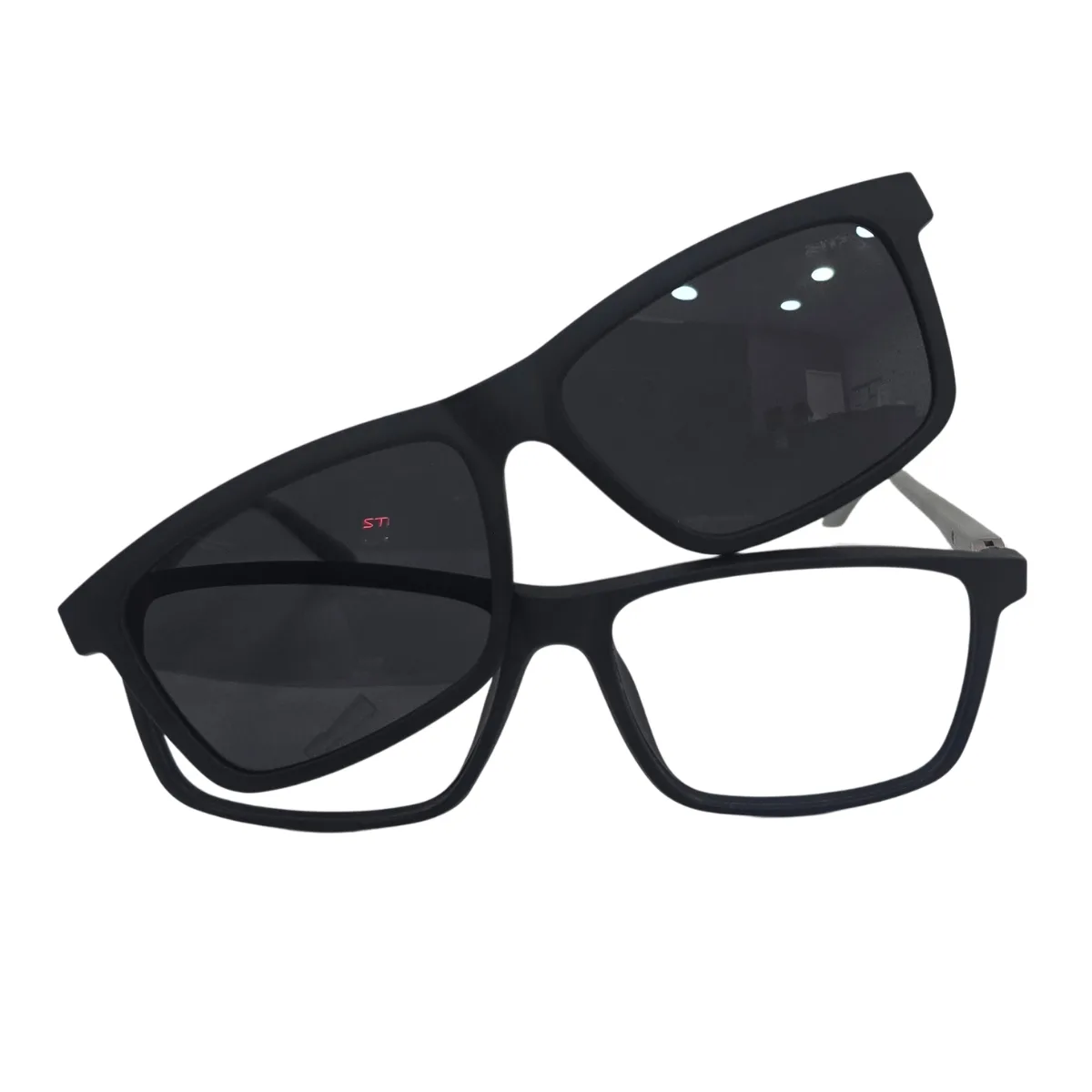 Armação de Grau com Clip-on Solar Masculina RITZ Retangular Preta e Cinza